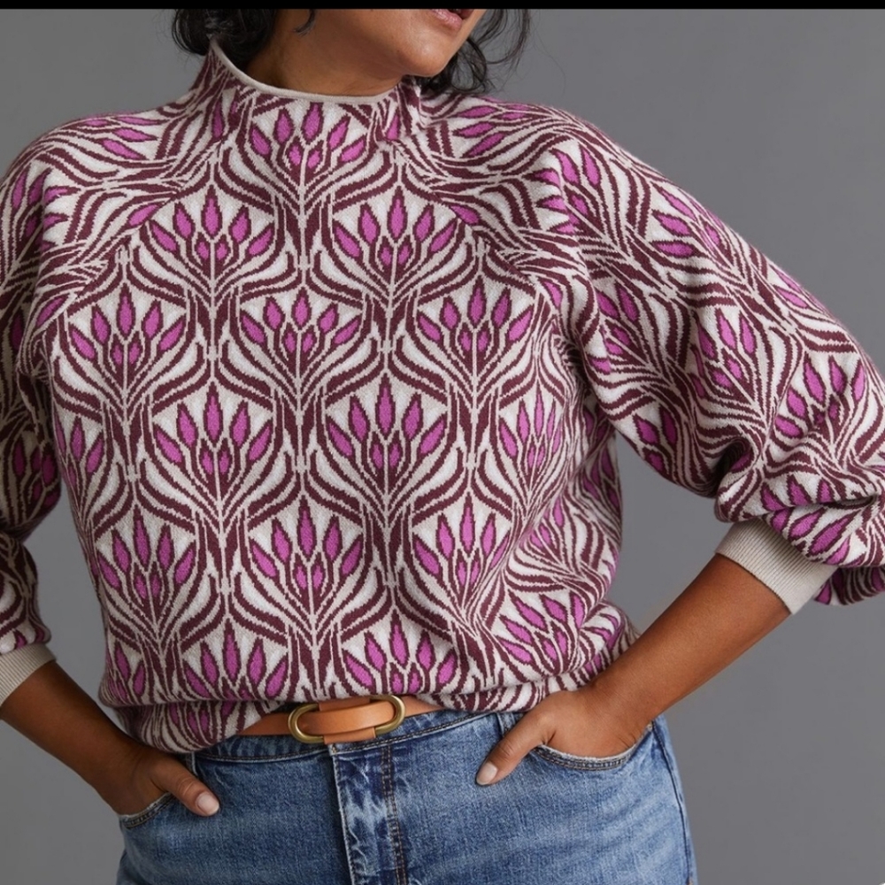 Anthropologie Pink and Brown Patterned Mock Neck Sweater